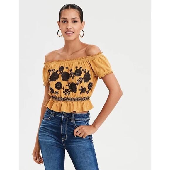 American Eagle Tops - American Eagle Women’s Yellow Off the Shoulder Embroidered Crop Top Size Large